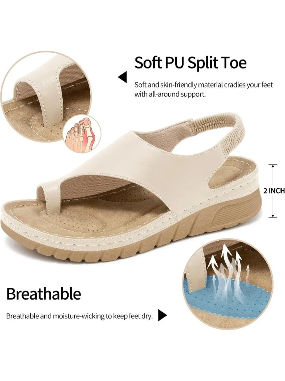 Women's Beige Cushioned Soft PU Leather Lightweight Comfortable Wedge Sandal